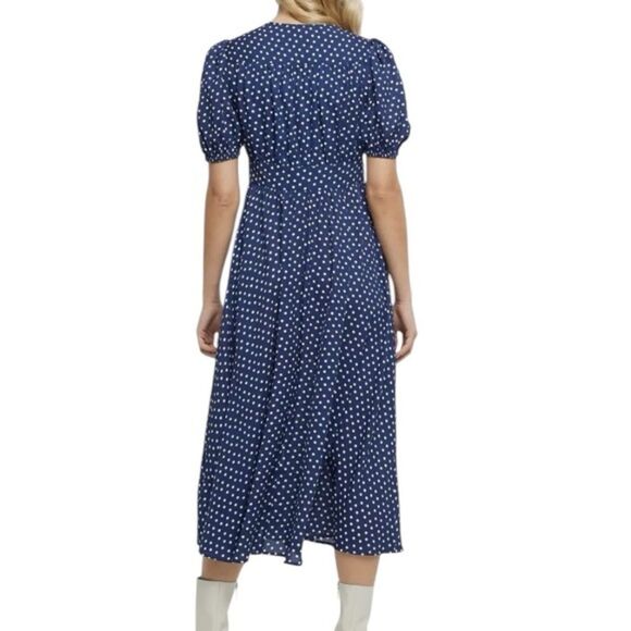 River Island Navy Blue Polka Dot Button Front Midi Dress NWT Size 6 - Picture 2 of 5